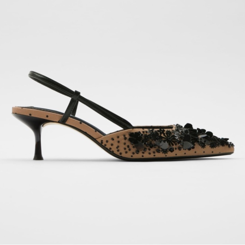 NWT RARE Zara Luxury Classic Sequin Floral Slingback Kitten Heel Pumps